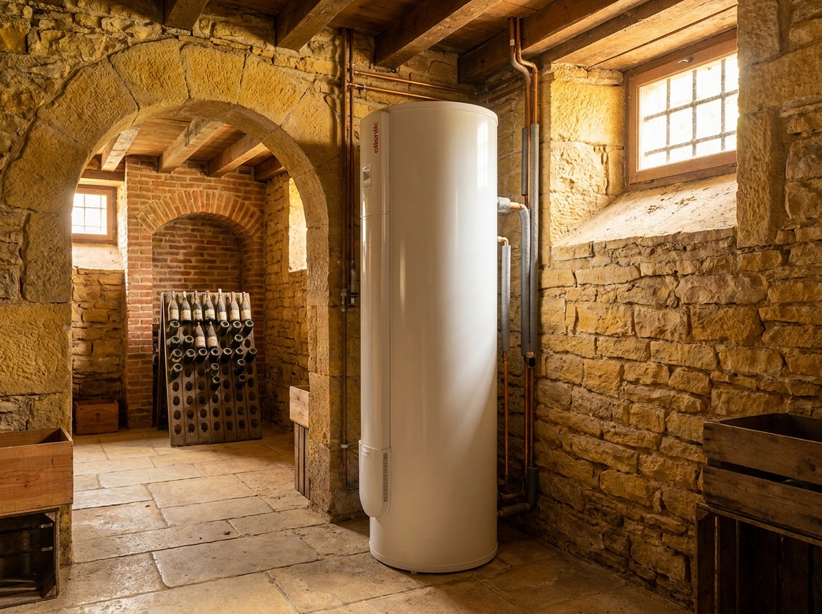 Ballon thermodynamique Atlantic installé en cave traditionnelle vigneronne en pierre dorée à Belleville-en-Beaujolais, aération par soupiraux validée par Protec Energy