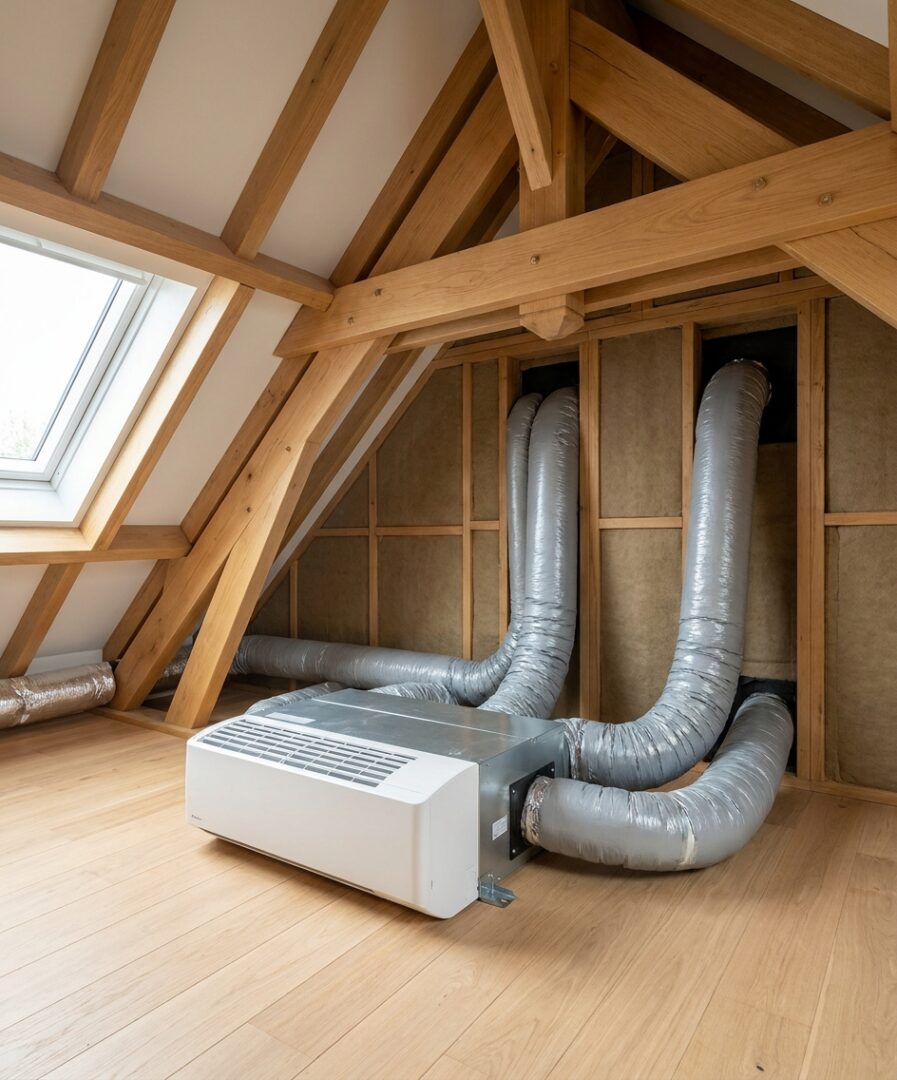 Unité intérieure de climatisation gainable cachée dans les combles avec gaines isolées vers chaque pièce, installation Protec Energy Rhône-Alpes