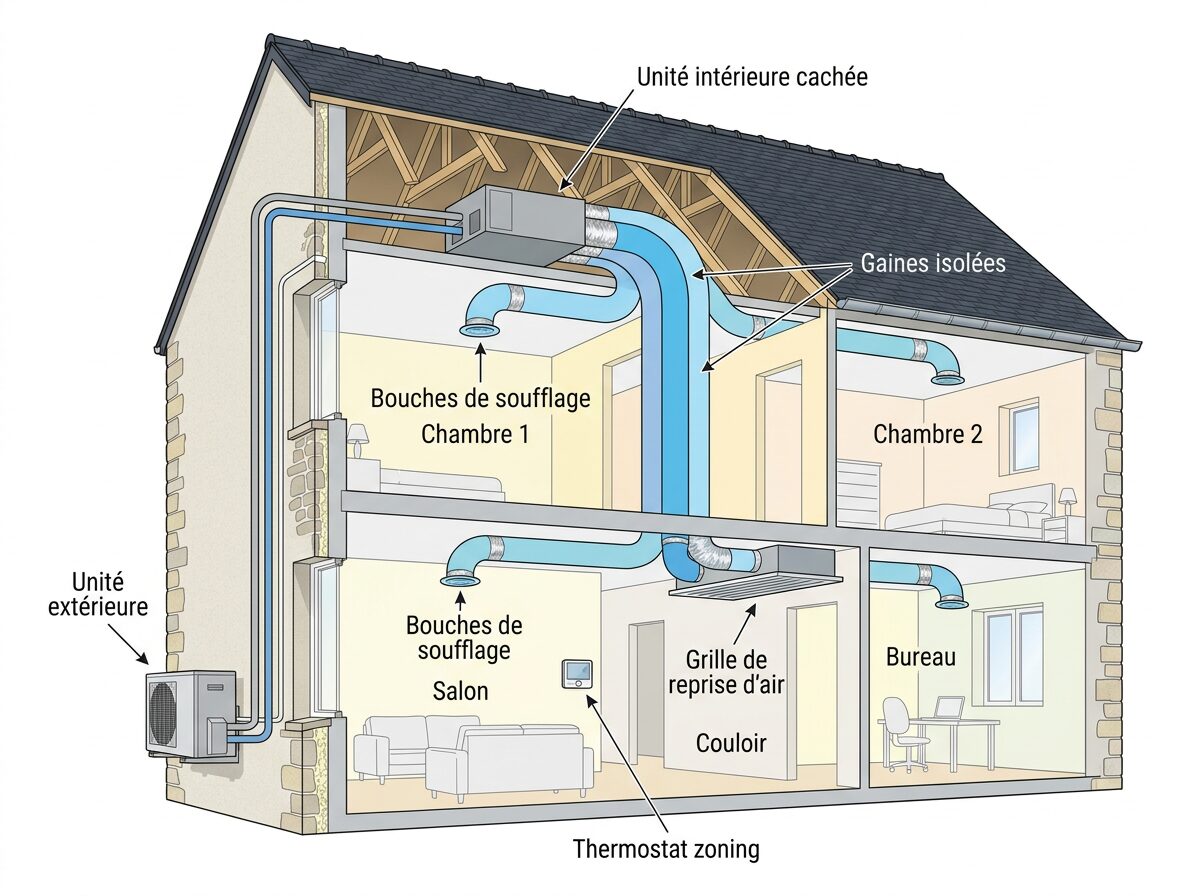 Schema fonctionnement climatisation gainable, unite interieure plafonniere cachee dans combles, gaines isolees vers chaque piece, bouches discretes au plafond, unite exterieure, thermostat zoning