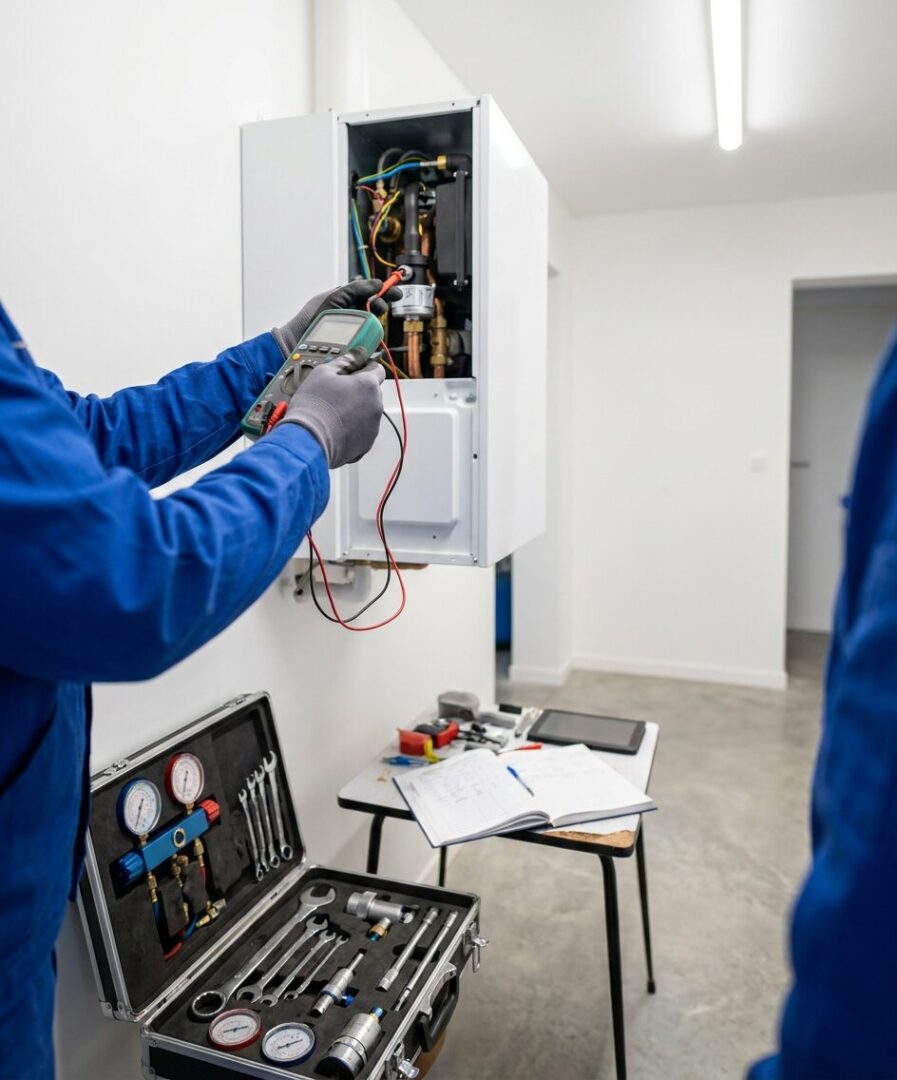 Technicien Protec Energy avec multimètre contrôlant une pompe à chaleur PAC air/eau lors d'un entretien biennal obligatoire en Rhône-Alpes