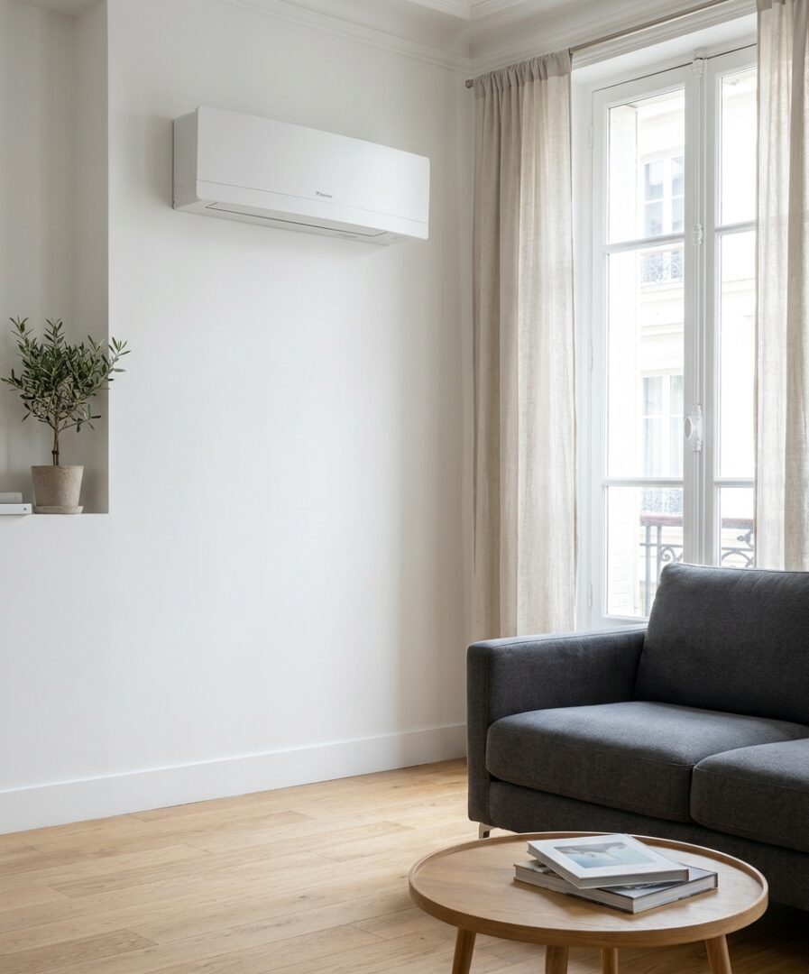 Pompe à chaleur air/air, split mural installé par Protec Energy dans un salon contemporain en Rhône-Alpes