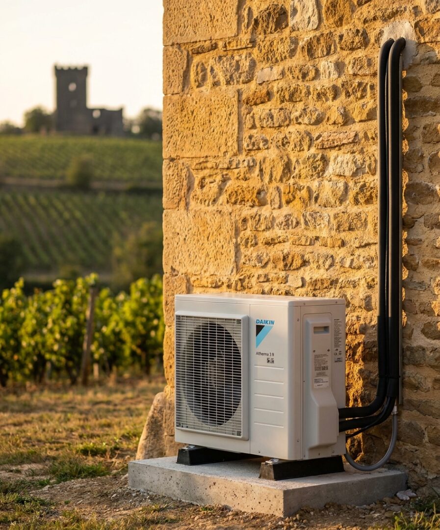 Pompe à chaleur air/eau installée par l'équipe Protec Energy sur une maison en pierre dorée à Anse, dans le Beaujolais des Pierres Dorées