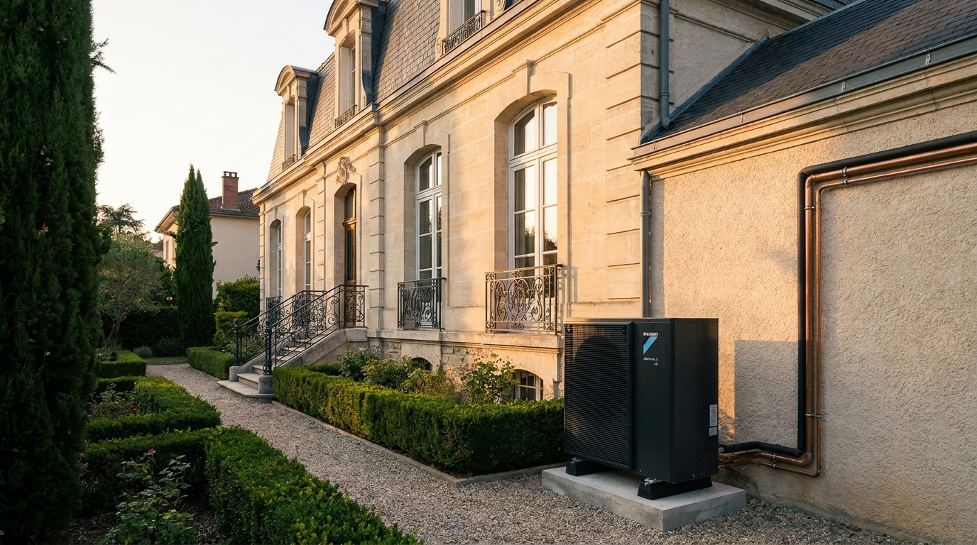 Pompe à chaleur air/eau installée par l'équipe Protec Energy sur une maison bourgeoise en pierre à Caluire-et-Cuire, au nord de Lyon