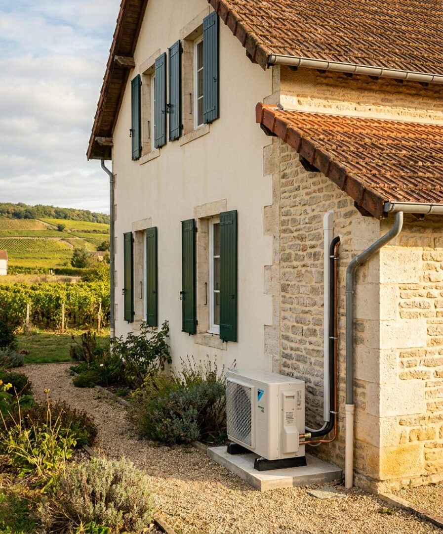 Pompe à chaleur air/eau installée par l'équipe Protec Energy chez un client à Charnay-lès-Mâcon, près de Mâcon (71)