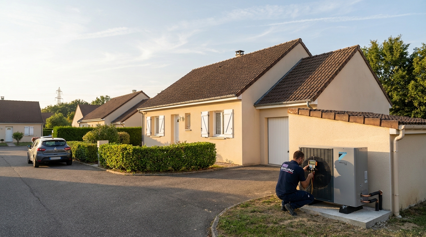 Pompe à chaleur air/eau installée par l'équipe Protec Energy chez un client à Reyrieux (01)