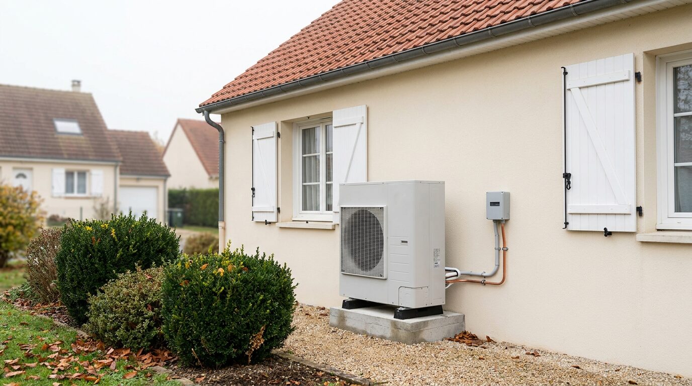 Pompe à chaleur air/eau installée par l'équipe Protec Energy sur un pavillon à Trévoux (01), en remplacement d'une chaudière gaz
