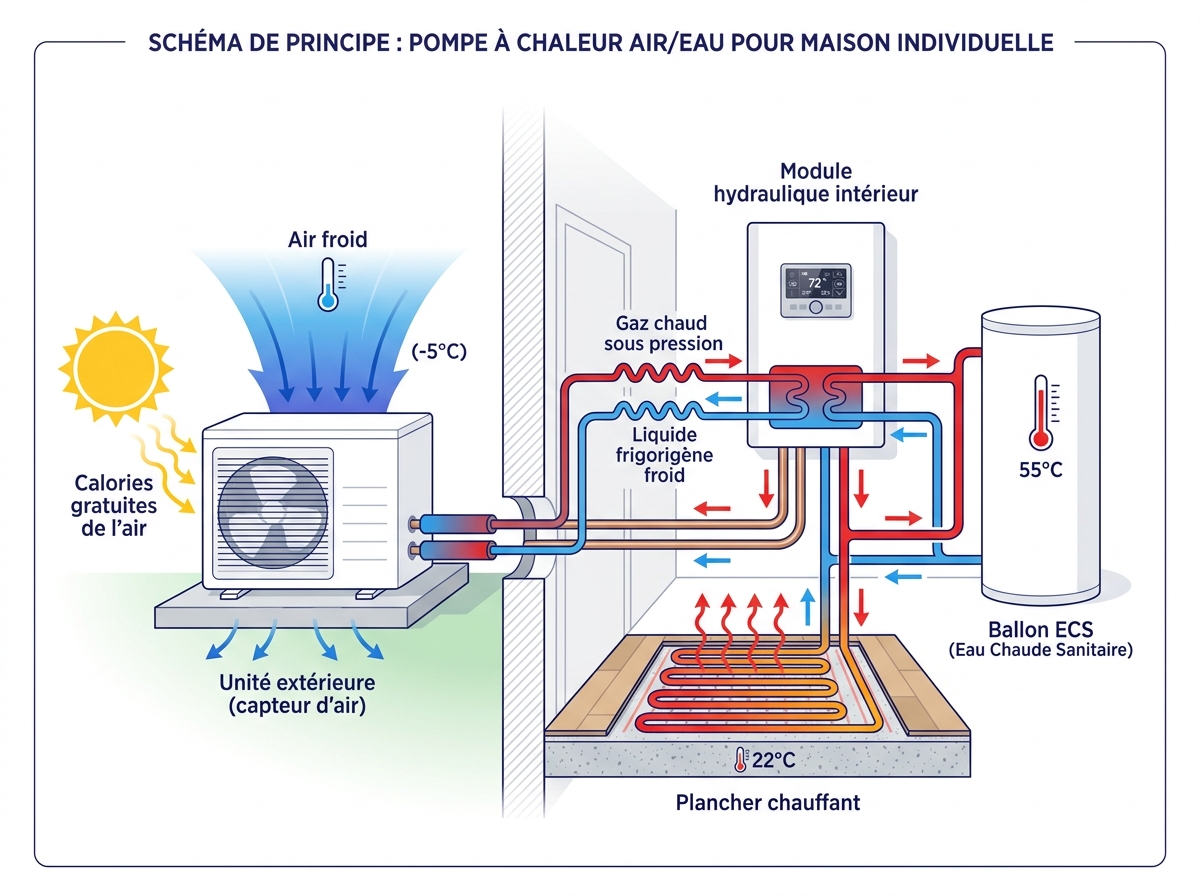 Schéma d'un remplacement de chaudière fioul par une pompe à chaleur air/eau à Tarare, raccordée aux radiateurs en fonte conservés