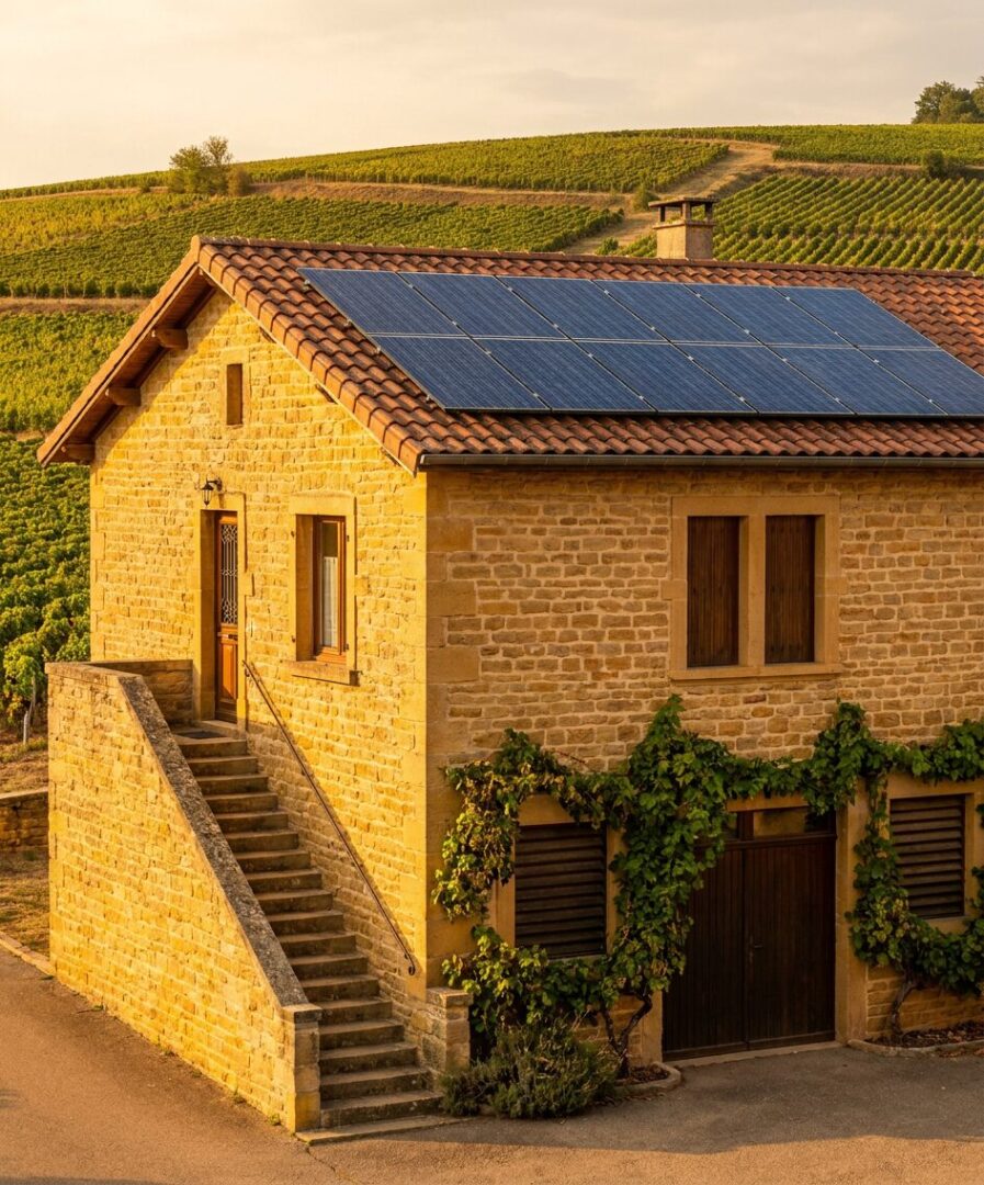 Installation photovoltaïque sur maison vigneronne pierre dorée Beaujolais à Belleville-en-Beaujolais (69220) posée par l'équipe Protec Energy