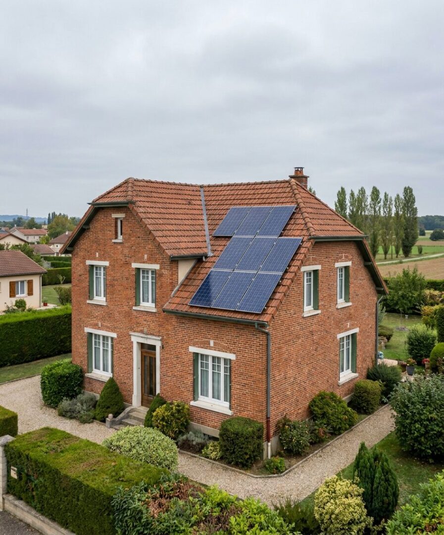 Installation photovoltaïque sur maison briques rouges Bressanes à Bourg-en-Bresse (01) posée par l'équipe RGE QualiPV Protec Energy