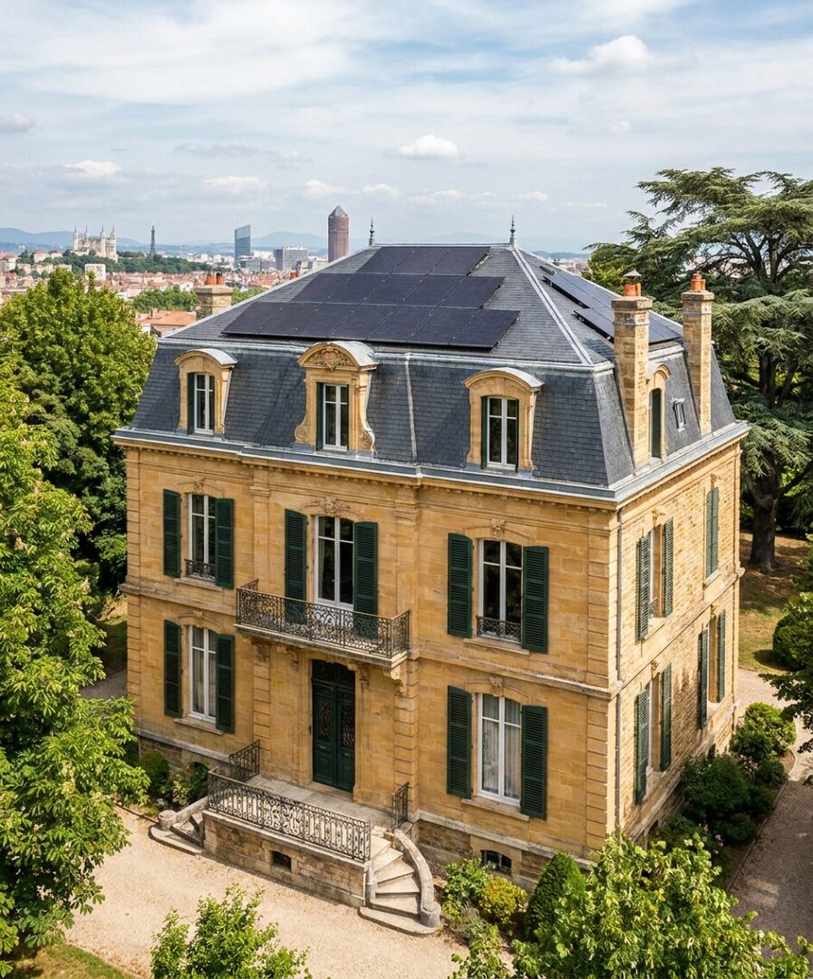 Installation photovoltaïque sur villa bourgeoise pierre dorée Caluire Mont-Cindre Lyon Nord, vue Lyon Fourvière