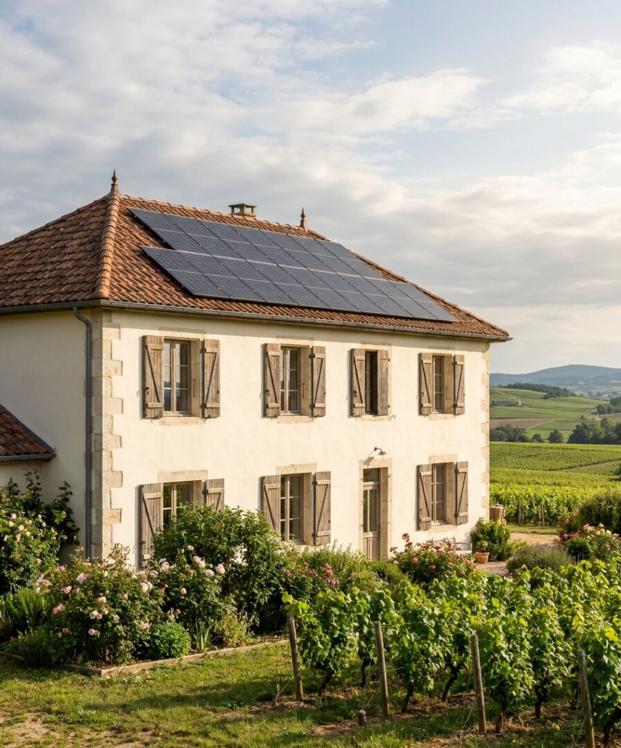 Climatisation réversible multi-split posée discrètement par Protec Energy sur une maison vigneronne en pierre à Charnay-lès-Mâcon