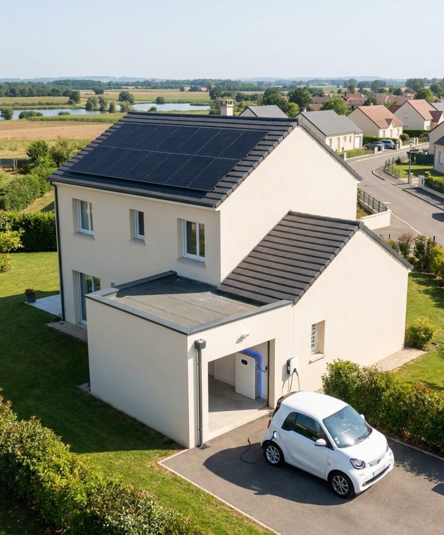 Installation photovoltaïque kit 6 kWc + batterie sur pavillon Reyrieux Dombes Saône Vallée