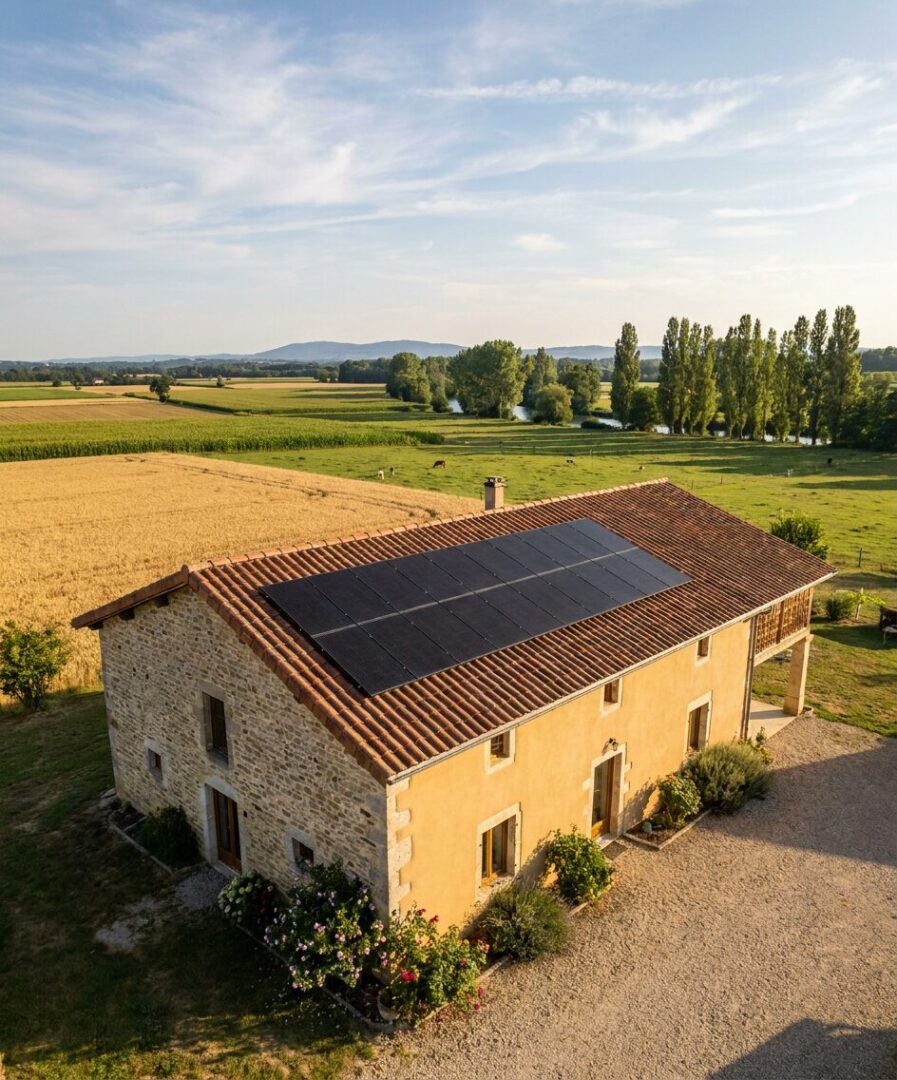 Installation photovoltaïque sur ferme rénovée à Saint-Didier-sur-Chalaronne, toiture terracotta exposée sud, plaine agricole du Val de Saône en arrière-plan, posée par l'équipe interne Protec Energy