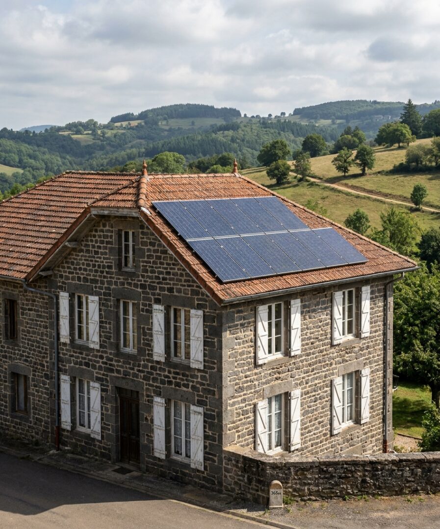 Installation photovoltaïque sur une maison ancienne en pierre à Tarare, monts du Lyonnais