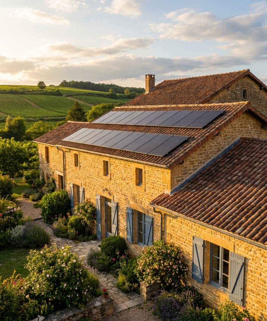 Installation photovoltaïque sur maison pierre dorée Beaujolais à Villefranche-sur-Saône posée par l'équipe locale Protec Energy