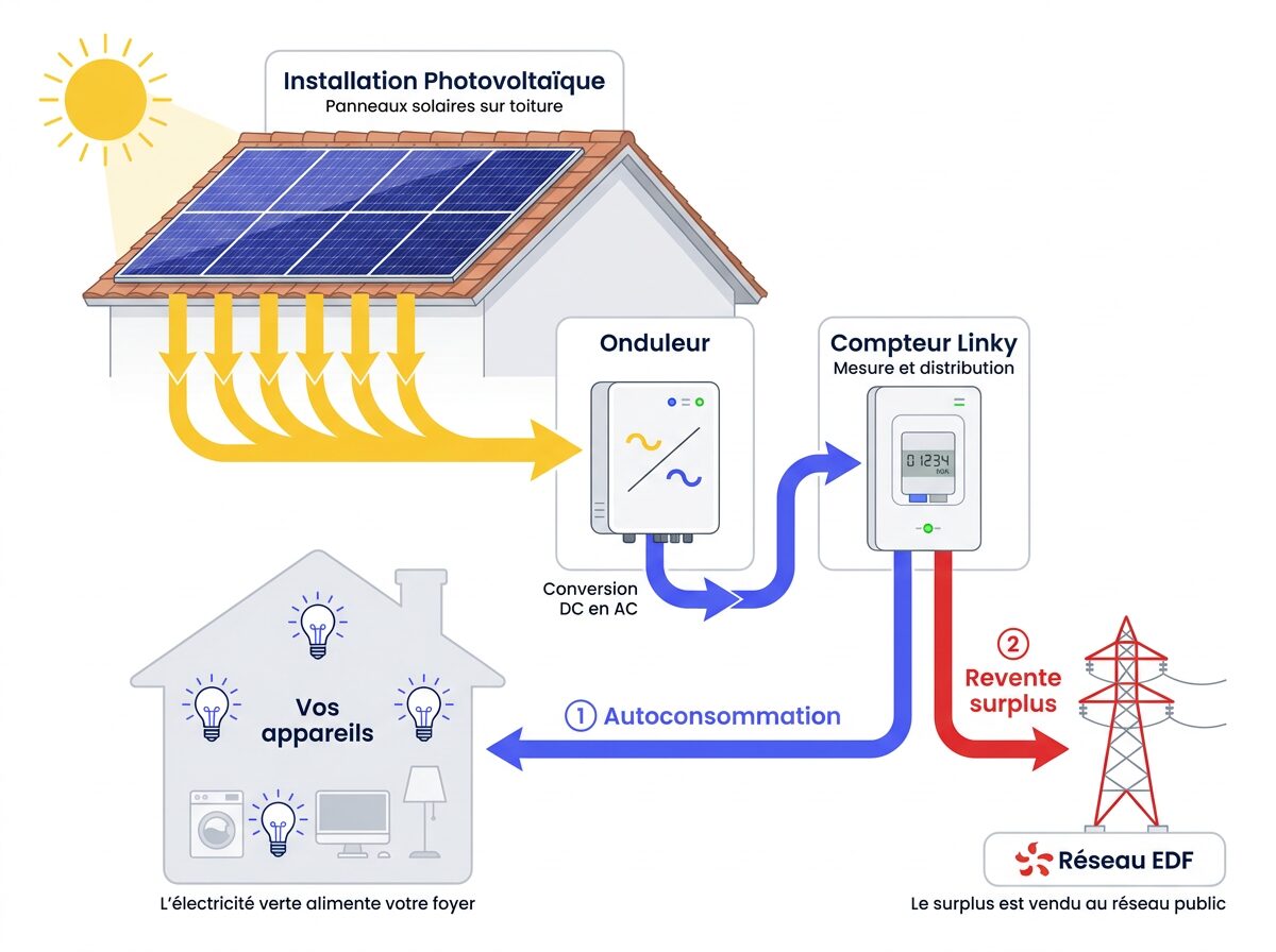 Schéma de fonctionnement autoconsommation photovoltaïque, panneaux solaires sur toit, onduleur, tableau électrique, compteur Linky bidirectionnel, réseau EDF OA pour revente surplus