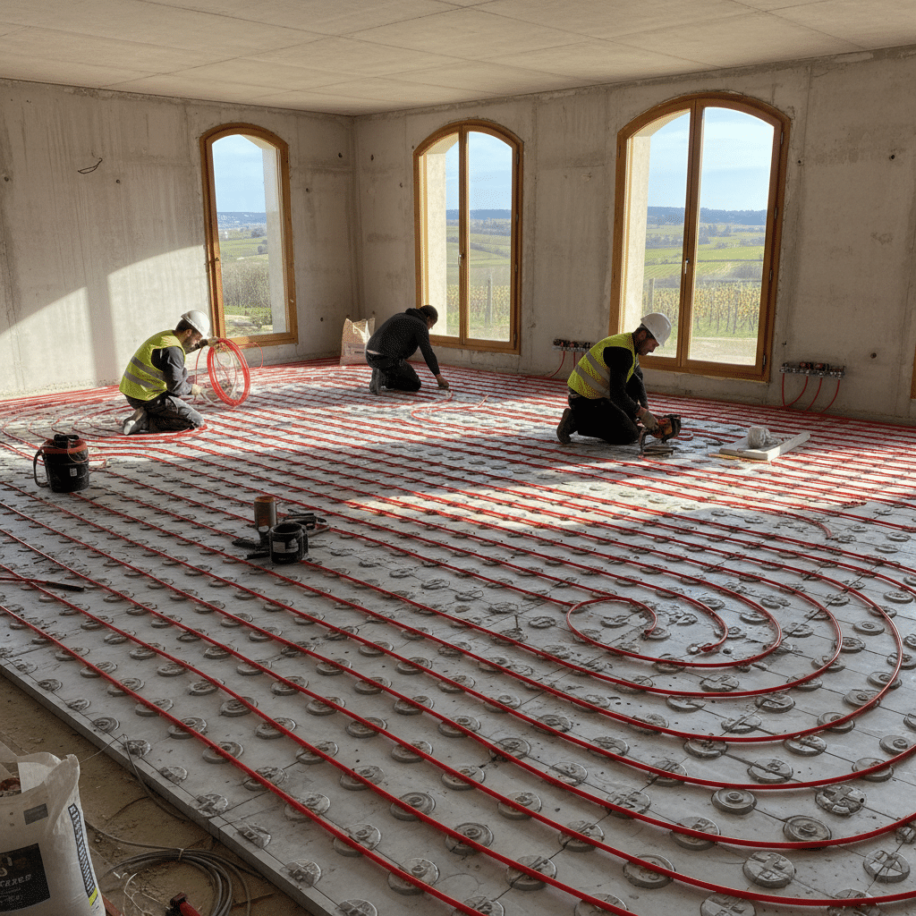 Pompe à chaleur air/eau couplée à un plancher chauffant en Rhône-Alpes, installation Protec Energy
