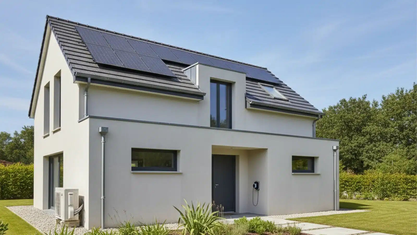 Maison française rénovée avec panneaux photovoltaïques, pompe à chaleur et borne de recharge, illustration des aides 2026 MaPrimeRénov et CEE accompagnées par Protec Energy en Rhône-Alpes