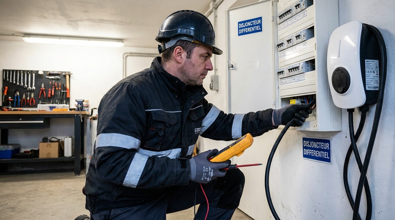 Technicien IRVE raccordant une borne de recharge au tableau électrique d'un garage