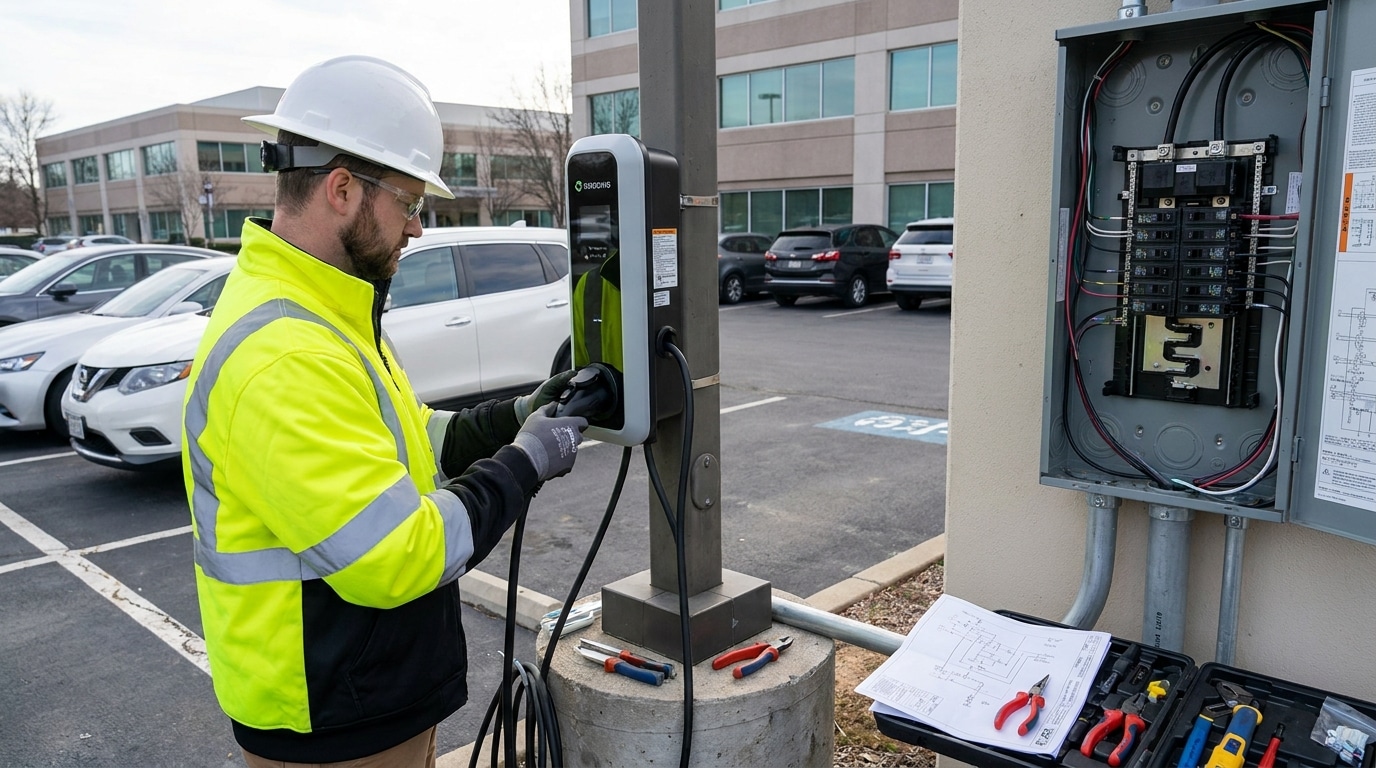 Technicien IRVE installant une borne de recharge sur un parking d'entreprise