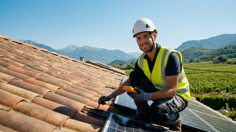 Technicien inspectant des panneaux solaires en panne sur un toit en Auvergne-Rhône-Alpes