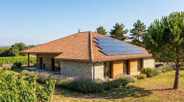 Maison en Rhône-Alpes avec capteurs solaires thermiques en toiture pour l'eau chaude