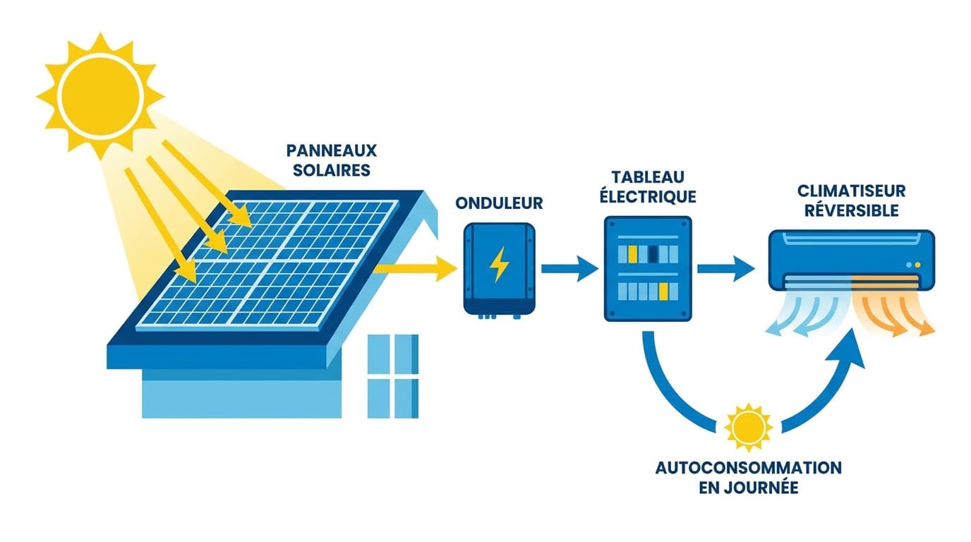 Schéma de l'autoconsommation solaire alimentant un climatiseur réversible