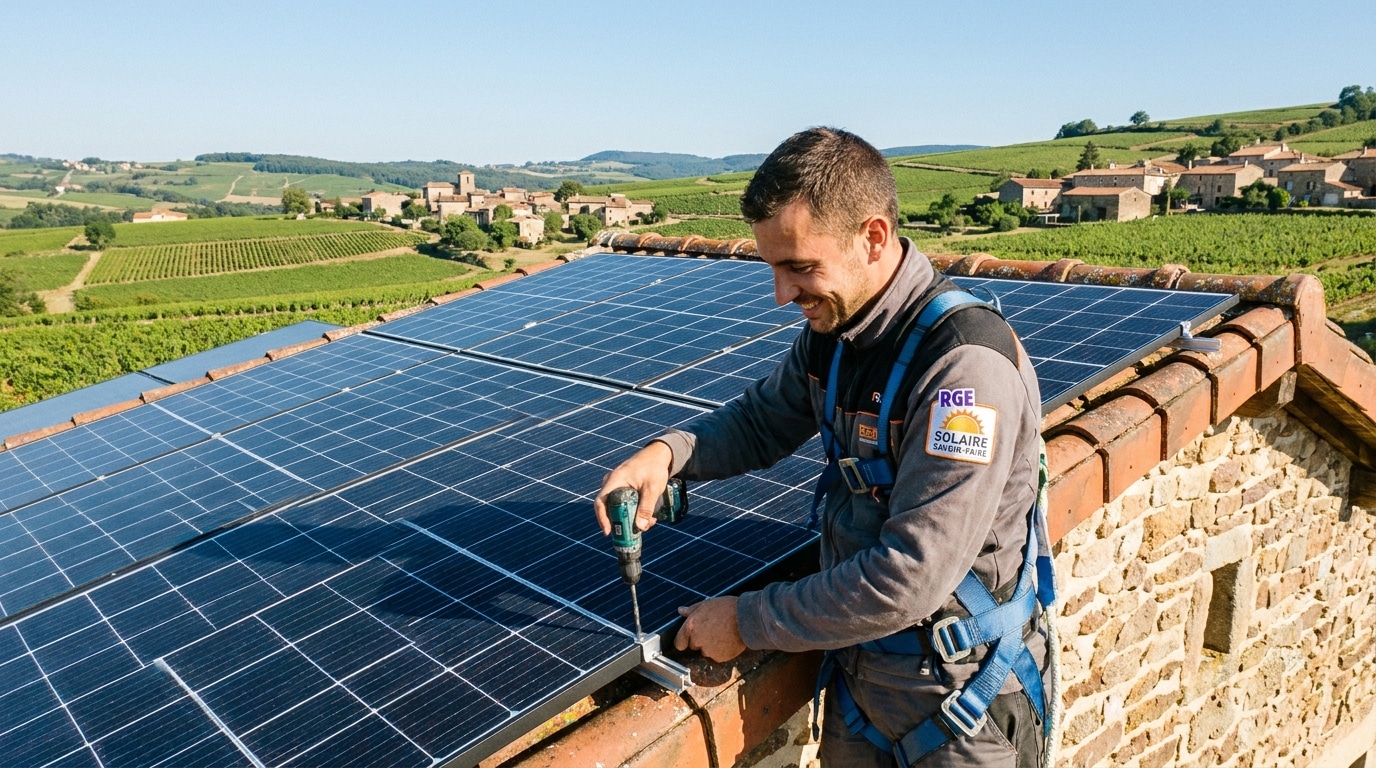 Technicien RGE posant des panneaux solaires sur une toiture de maison en Rhône-Alpes